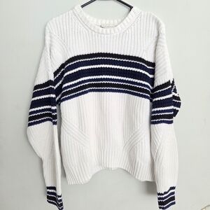 Lucky Brand White Chunky‎ Knit Sweater Blue/ Black Stripes XL